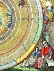 Astronom, detail z mapy planet, z hospody „Nebeský atlas aneb Harmonie vesmíru“ (Atlas coelestis seu harmonia macrocosmica). od Joannese Janssonia, Amsterdam, 1660-61 (ha